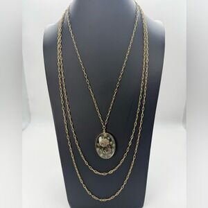 Romantic Vintage Style 1928 Long Necklace Glass Floral Cameo Pendant Layered